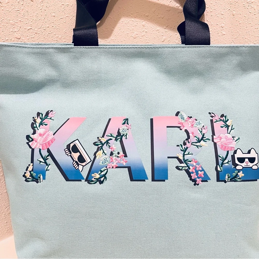 Karl Lagerfeld Paris Double Strap Canvas Floral Embroidered Logo Tote Bag NWT